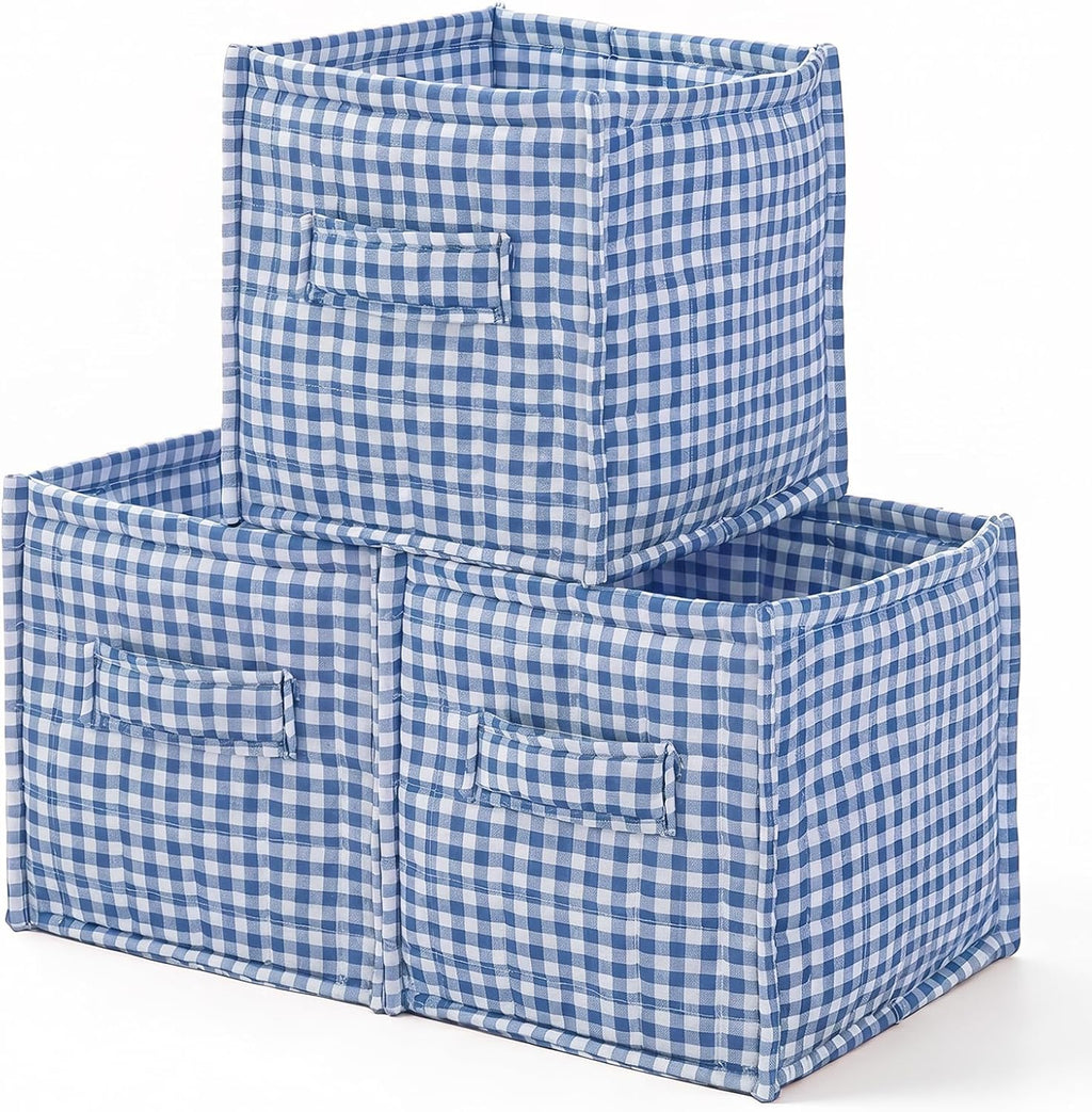 vctops Blue Gingham Storage Cubes Organizer, 11.4 Inch 3 Pack Collapsible Fabric Storage Bins with Handles for Organization, Closet, Shelves, Offices, Toys (Blue,11.4"x11.4"x11.4")