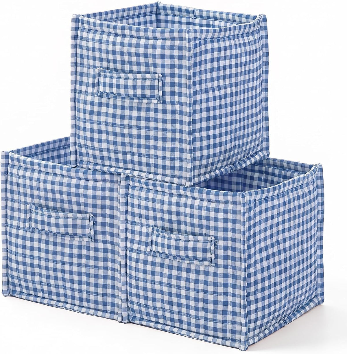 vctops Blue Gingham Storage Cubes Organizer, 11.4 Inch 3 Pack Collapsible Fabric Storage Bins with Handles for Organization, Closet, Shelves, Offices, Toys (Blue,11.4"x11.4"x11.4")