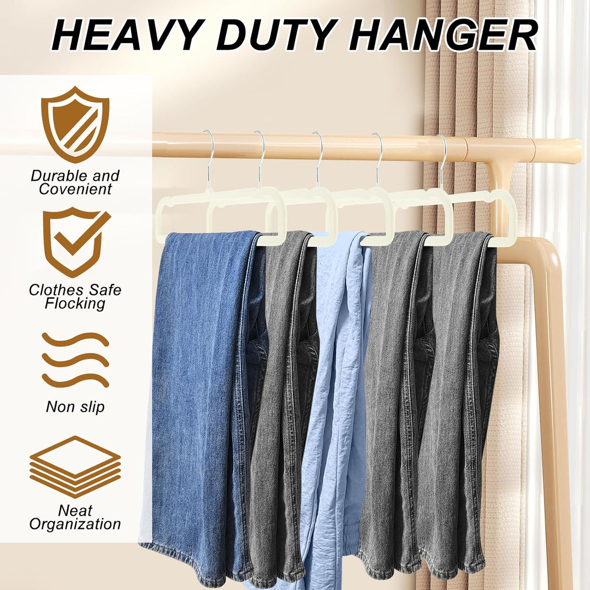 Pants Hangers Space Saving, 30 Pack Velvet Hangers for Closet with 30 Hooks, Strong Durable Non Slip Slim Clothes Hanger, Ultra Soft Flocked Hanger for Pants, Shirts, Bra, Shorts (Cream)