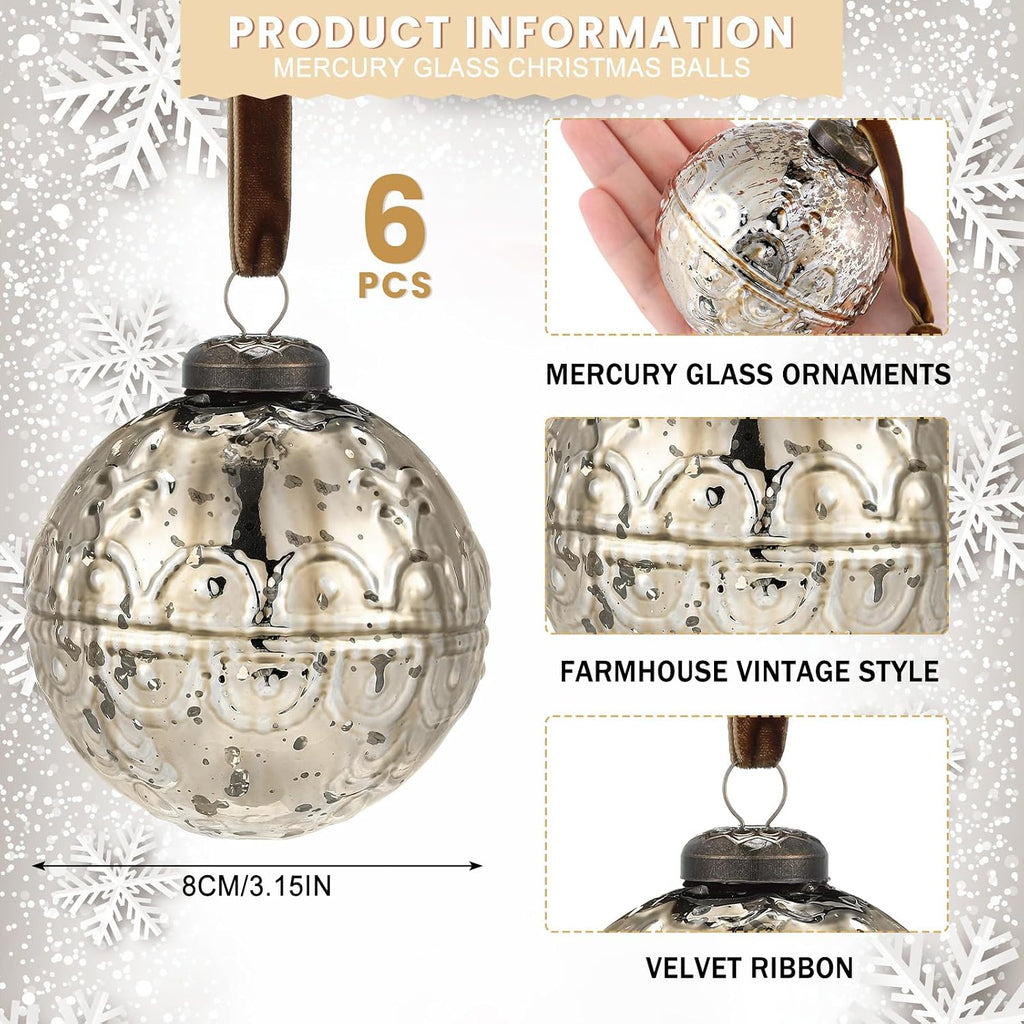 Threan 6 Pcs Champagne Gold Mercury Glass Christmas Ornaments, Etched