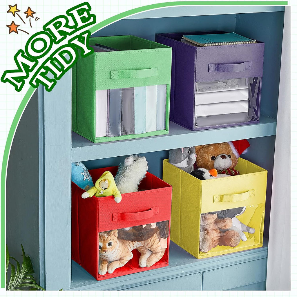Marsui 8 Pcs Cube Storage Bins with Clear Window 11'' Daycare Storage Cube Organizer Bins for Closet Kid Nursery Playroom with Handle Fabric Collapsible Storage Cubes(Red, Yellow, Dark Blue, Green)