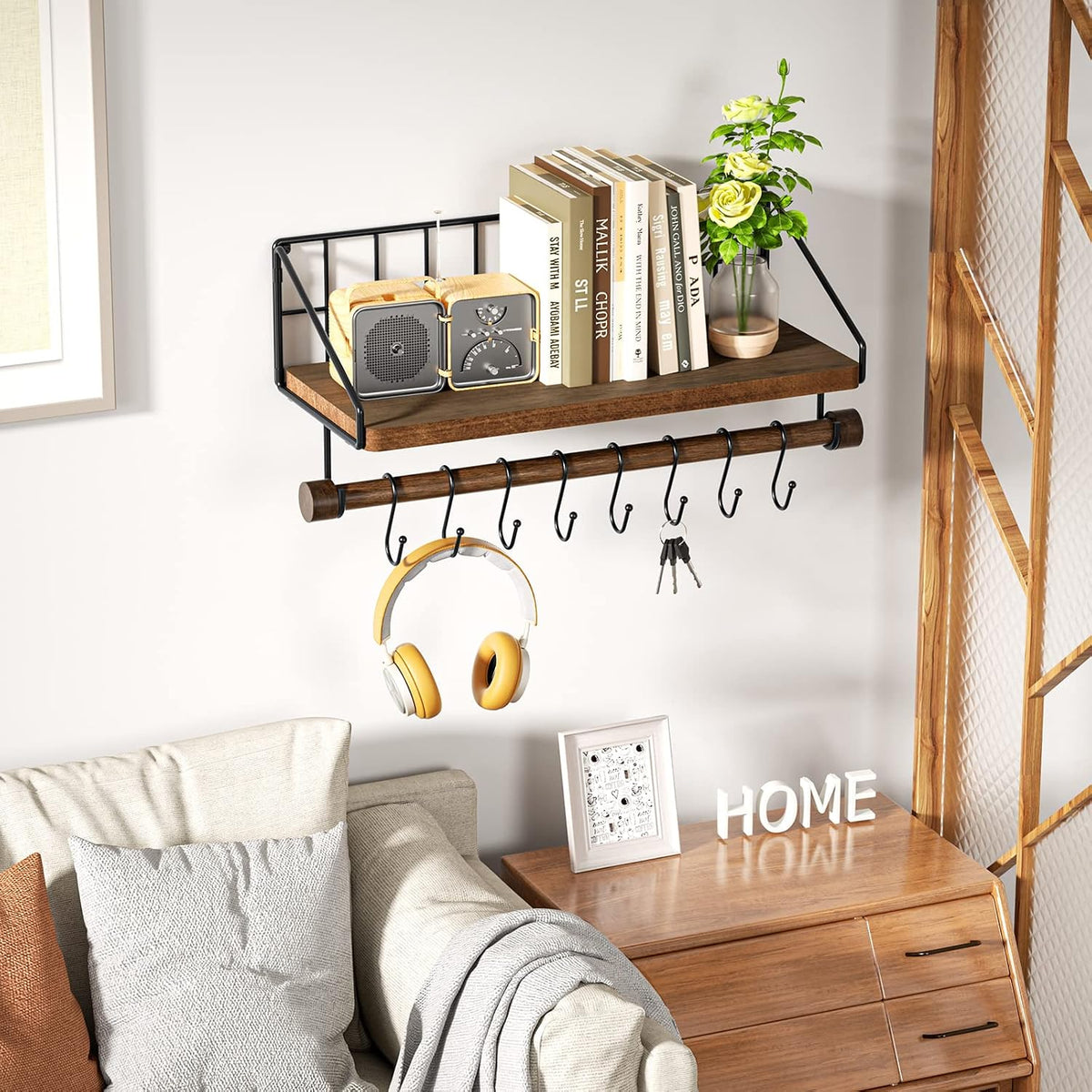 Alsonerbay Floating Shelf Coffee Bar Shelf with Towel Bar, Dark Brown