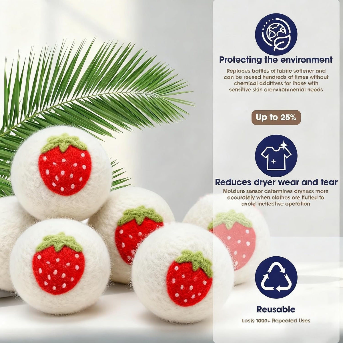 Wool Dryer Balls 6-Pack XL，Reduces Drying Time，Strawberry Handmade Pattern