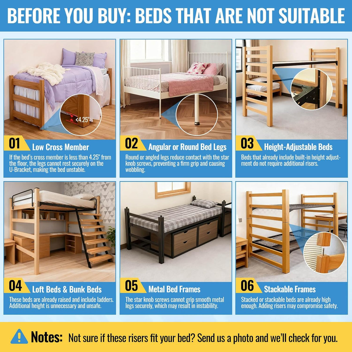 Heavy-Duty College Dorm Bed Risers with 0.16" Reinforced Base-17.98 LB (Black), Adjustable Heights (6", 9", 12"), Fits Wooden Bed Legs 1.5" to 3", Thicker Steel Dorm Bed Leg Risers