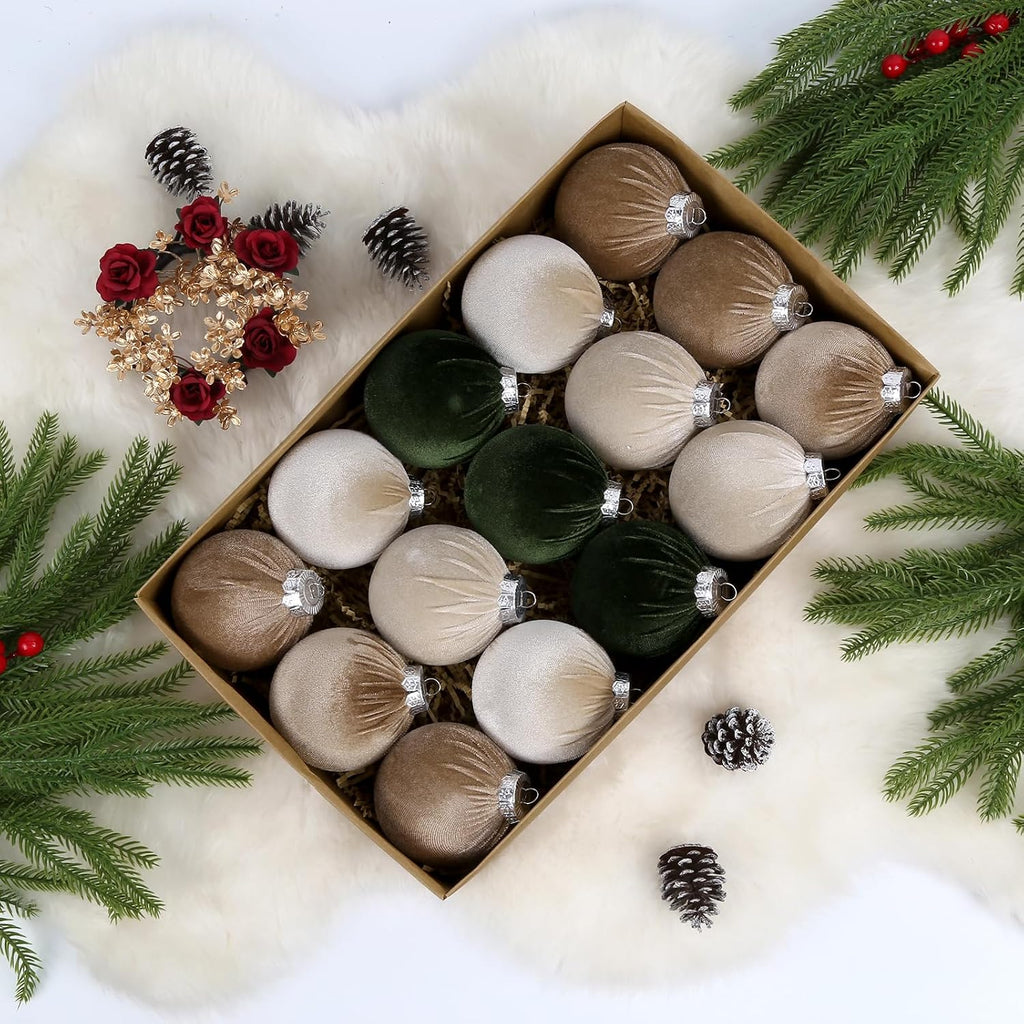 IPOPU 15Pcs Velvet Christmas Ornaments Balls Bulk for Christmas Tree Decoration 3.15in Big Flocked Xmas Hanging Ornaments Set for Home Plastic Large Shatterproof Velvet Ornaments (Green, Brown, Beige)