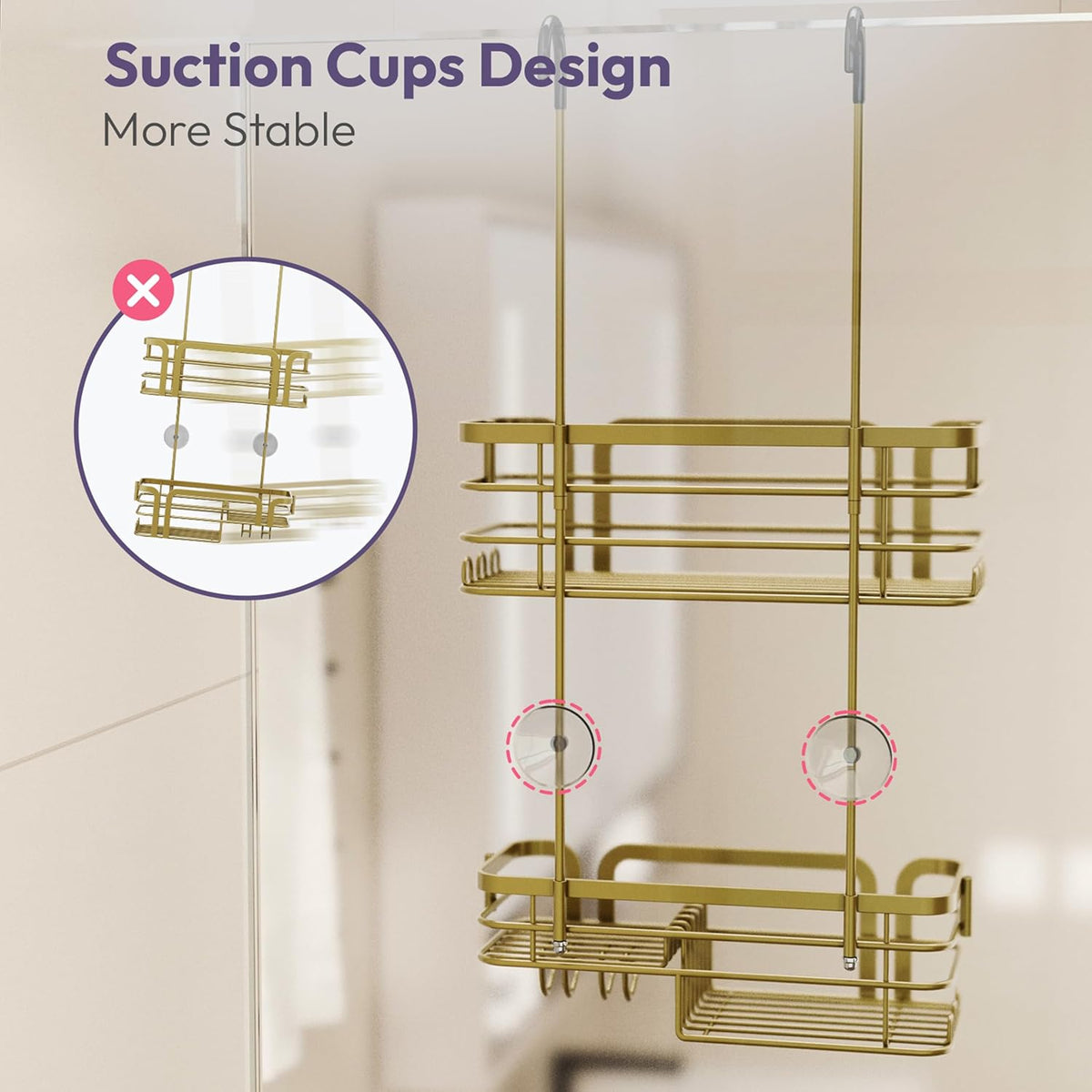 SWTYMIKI Shower Caddy Hanging Organizer - Over the Door Shower Caddy with Soap Holder, 11 Hooks, 2 Installation Ways, Stainless Steel Rustproof Bathroom Organizer, Gold