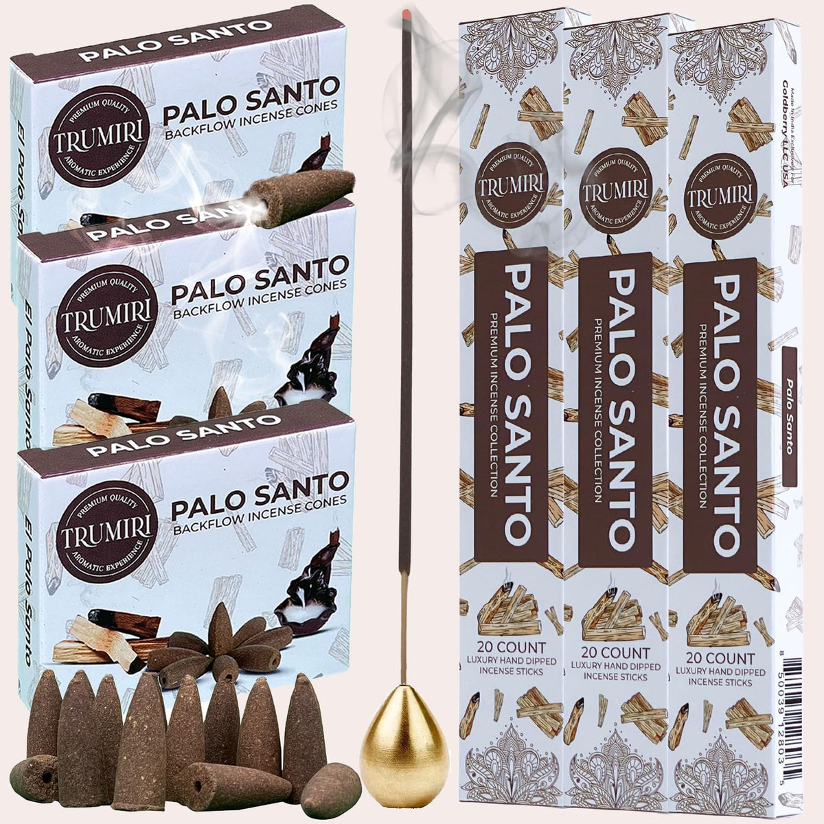Palo Santo Incense Sticks & Backflow Incense Cones for Waterfall Combo Pack - 60 Insence-Sticks + 30 Backflow Cones - Insents - Incense Waterfall Cones - Inscense