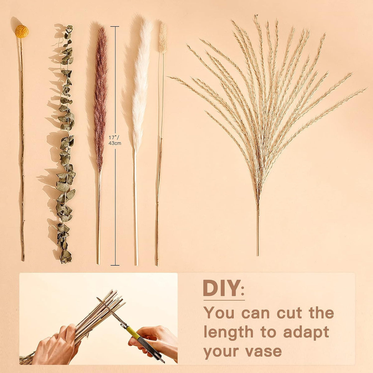 Natural Dried Pampas Grass Bouquet 78pcs 17inch Home Decor, White Pampas & Brown Pampas & Reed Grass & Bunny Tails Grass & Craspedia & Eucalyptus, Boho Wedding Decor Flowers Arrangement