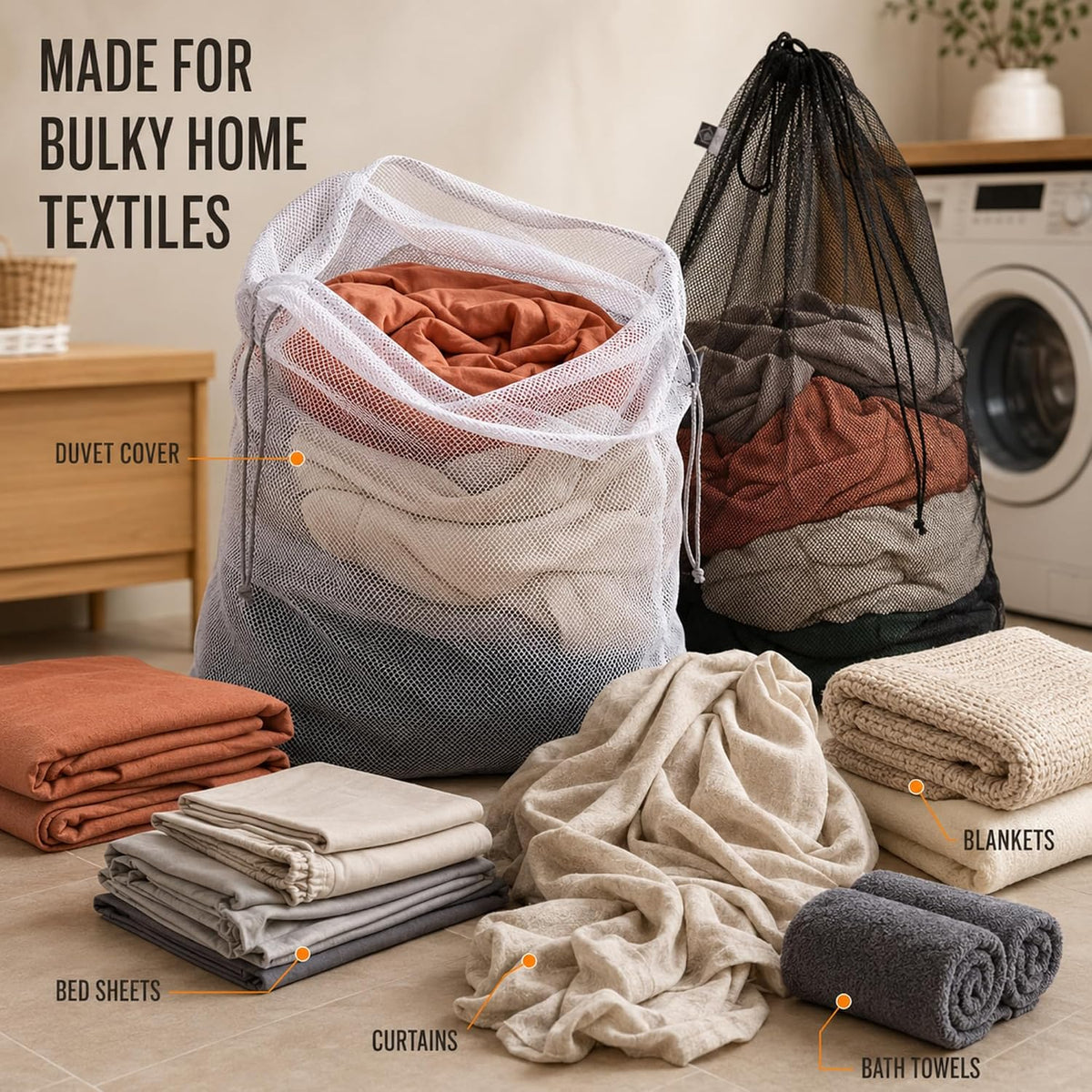 Large Mesh Laundry Bag for Travel, Drawstring Bag for Camp, White, 24x36"