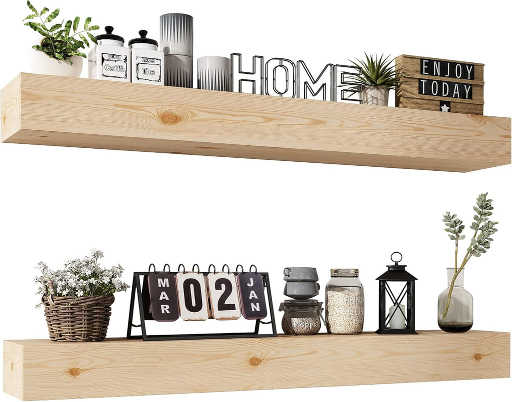 Wall Floating Shelves, Rustic Wood Shelf for Wall Mounted - Wooden Handmade Shelves for Bathroom Kitchen Livingroom - No Stain - DIY(Unfinished, 36 Inch - 2 Pack)
