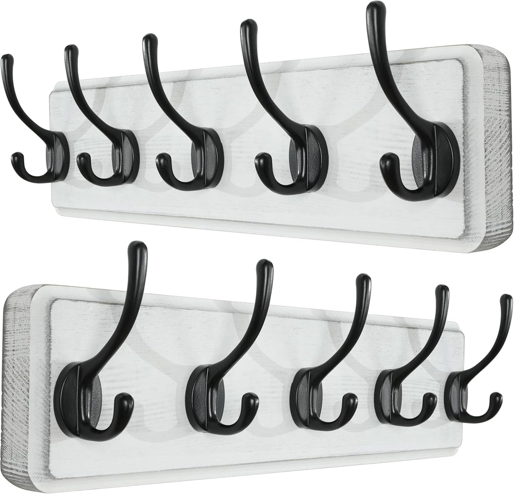 SKOLOO Rustic Coat Rack Wall Mount, 5 Hooks, 17 Inch, Solid Wood, White