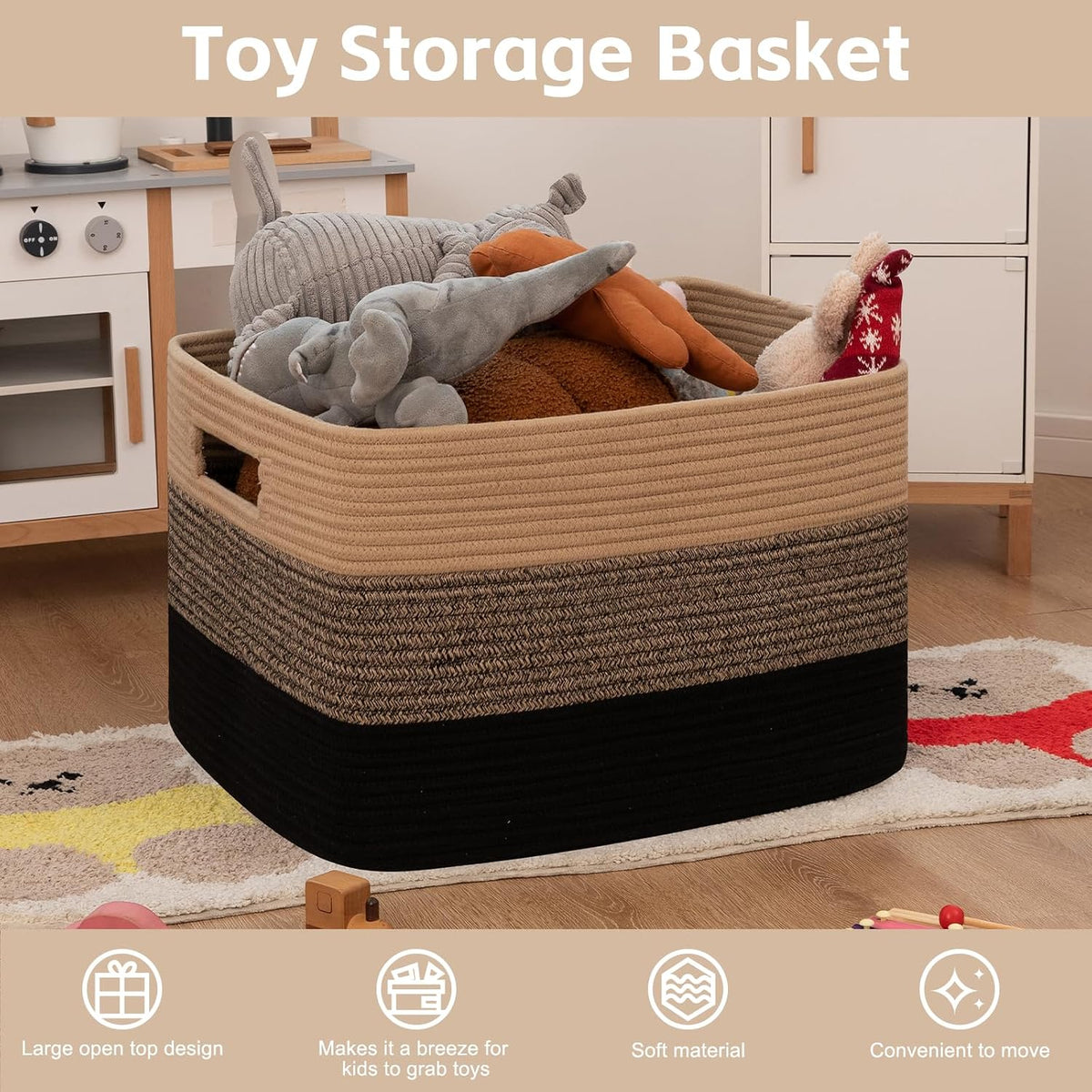OIAHOMY 118L Extra Large Blanket Basket Cotton Rope Storage Basket Black