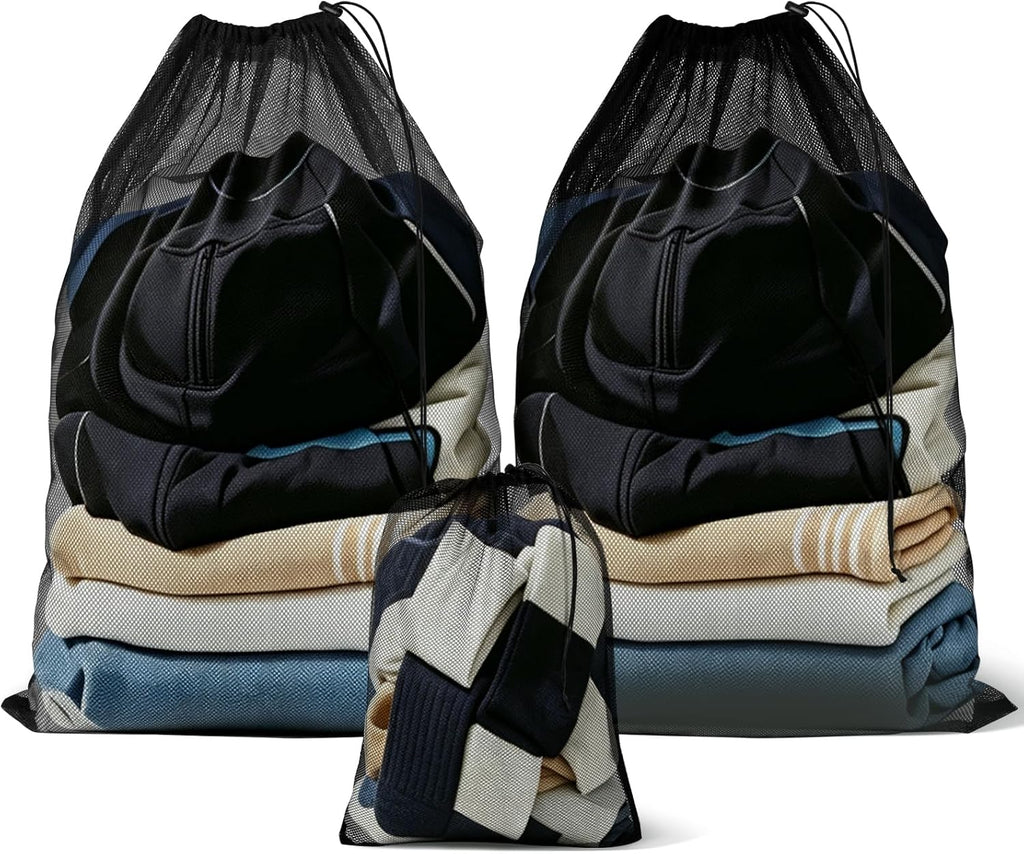3 Pack Mesh Laundry Bags, 2 Large & 1 Small Breathable Mesh Laundry Bag, Drawstring & Tear Resistant Black Wash Bags for Home, Dorm, Travel & Camping