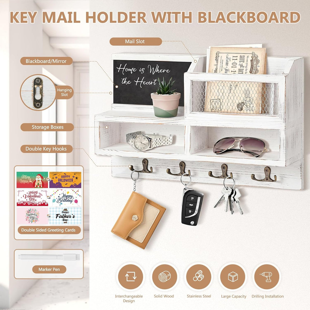Key Holder Wall Mount, Wooden Mail and Key Organizer, White