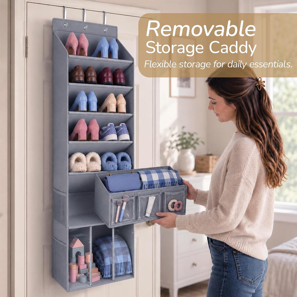 3in1 Over The Door Shoe Organizer with 5 Slanted Compartments,Removable Storage Bin & Transparent Pockets,Thickened Waterproof Oxford Fabric Shoes Rack for Shoes,Boots,Toys,Daily Essentials. (Grey)