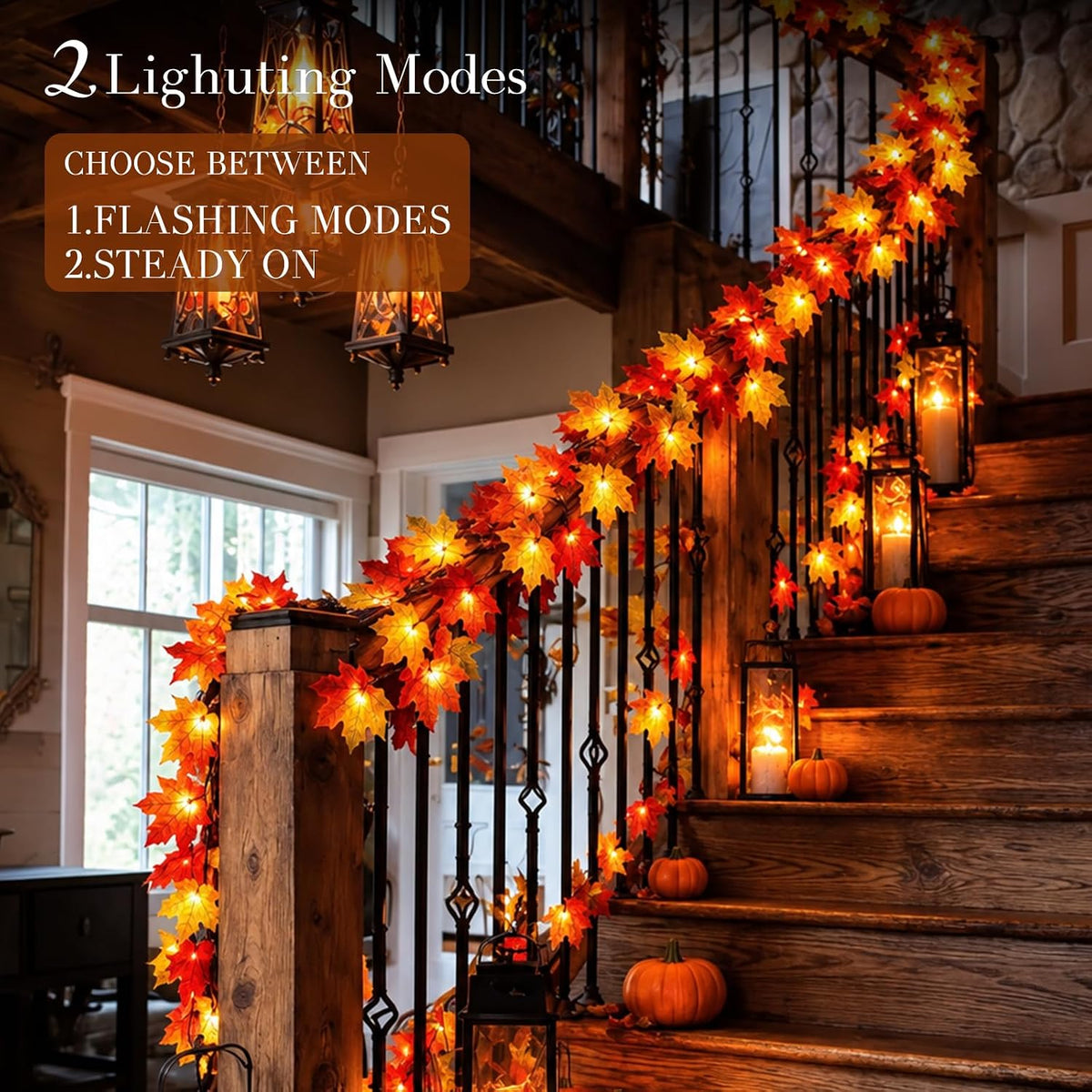 YEGUO 2 Packs Thanksgiving Decorations for Home, Fall Lights Battery Operated, Total 20ft 40 LED Lighted Fall Garland Maple Leaves Four Color for Holiday Autumn Harvest Thanksgiving Halloween Decor