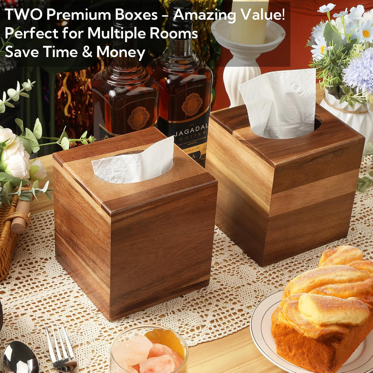 2 Pack Wooden Tissue Box Cover Square - Acacia Wood Tissue Box Holder for Tabletop Stands Bathroom Office- Decorative Facial Wood Tissue Box Cover for Modern Farmhouse Decor-Retro Natural Wood Color