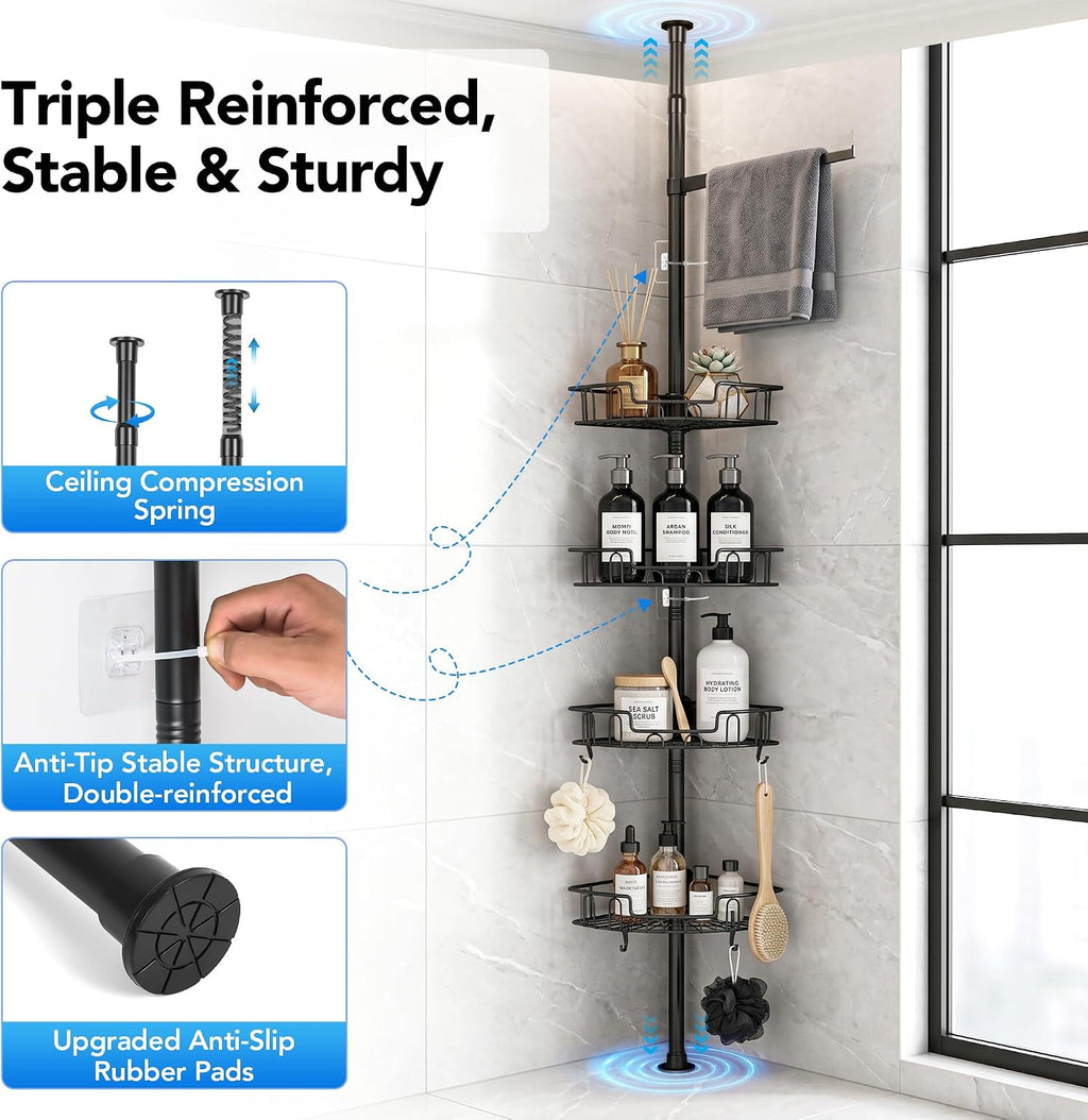 Corner Shower Caddy Tension Pole, Triple Stability 4-Tier Bathroom Rack