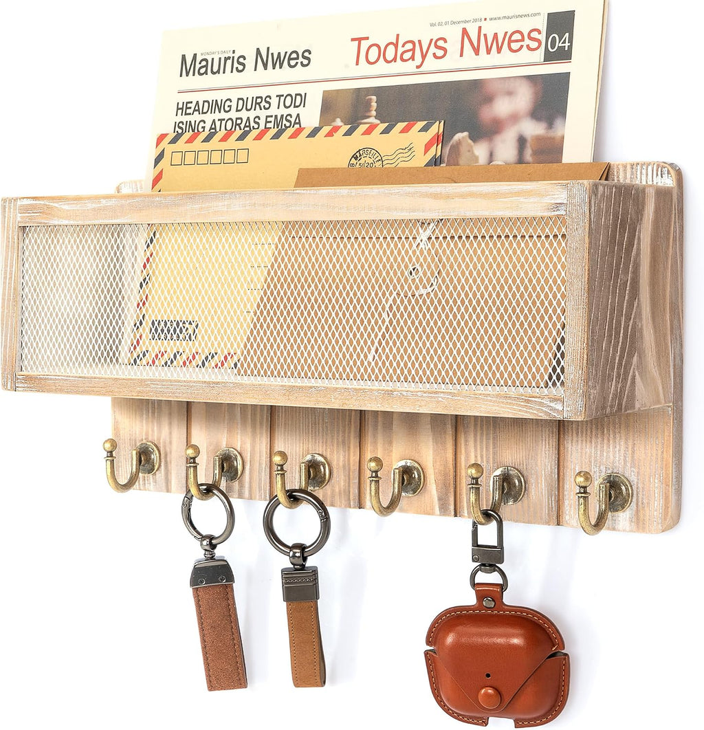 Rebee Vision Key Holder Wall Mount with Mail Basket for Home, Natural Wood