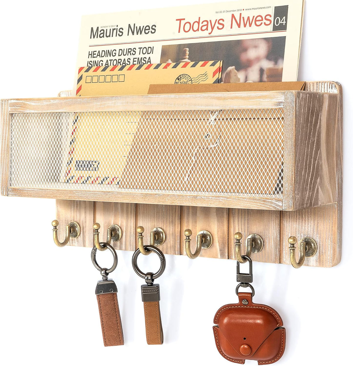 Rebee Vision Key Holder Wall Mount with Mail Basket for Home, Natural Wood