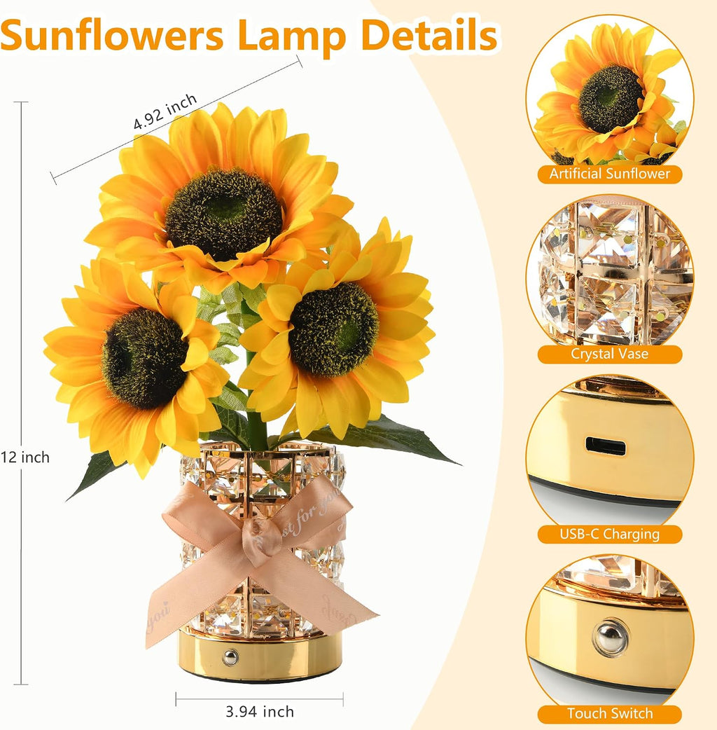 Handmade Sunflower Lamp, Rechargeable Cordless Touch Table Lamp, 3-Colour Infinitely Dimming Small Night Light, Festival Restaurant Bedroom Bar Coffee Shop Birthday Gifts for Women Mom, 3 Sunflowers