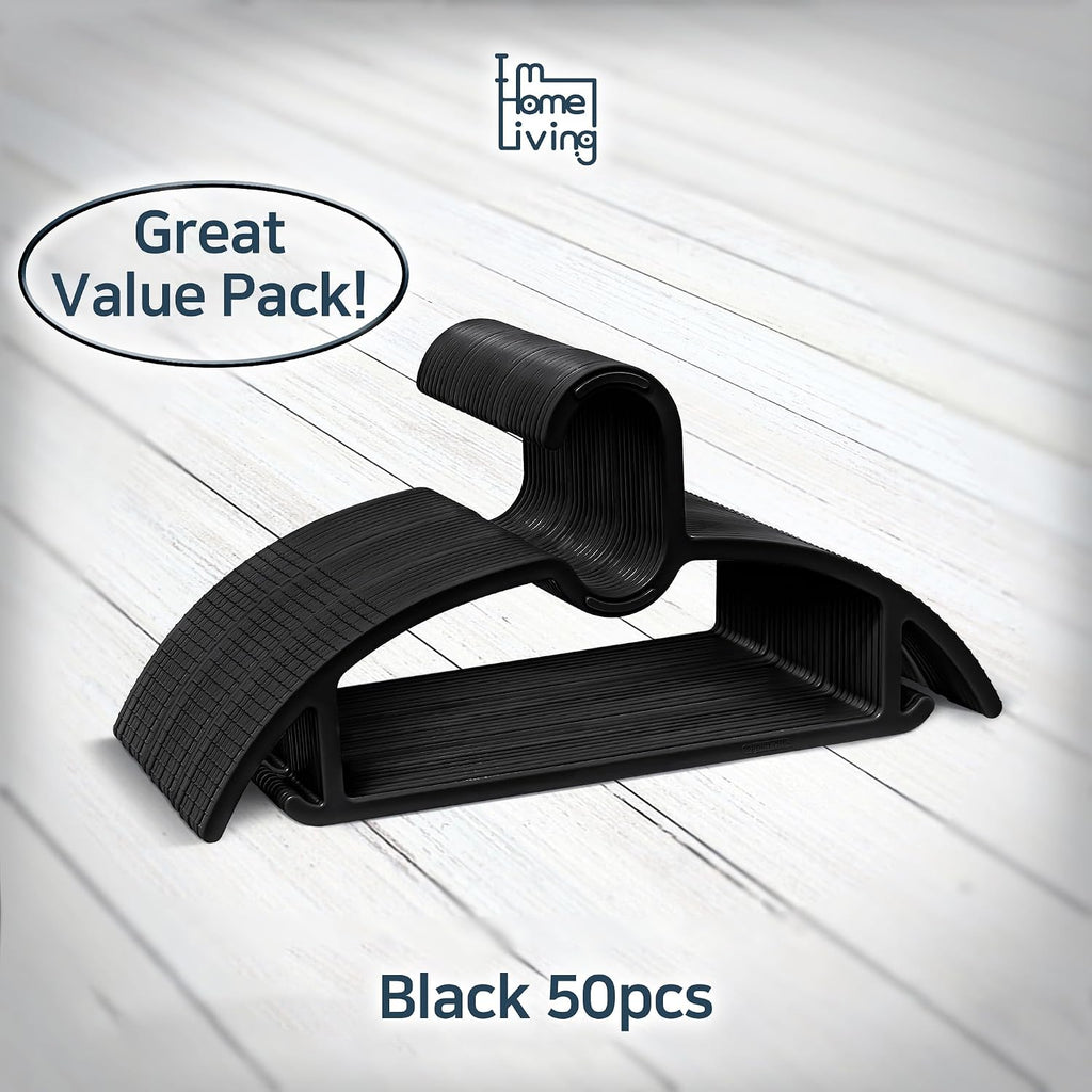15" Compact Slim & Slimlink Interlocking Clothes Hangers, Space-Saving Lightweight Plastic Hangers for Small Closets, Dorms, Apartments, Travel, RVs & Petite Clothing (Black, 50)