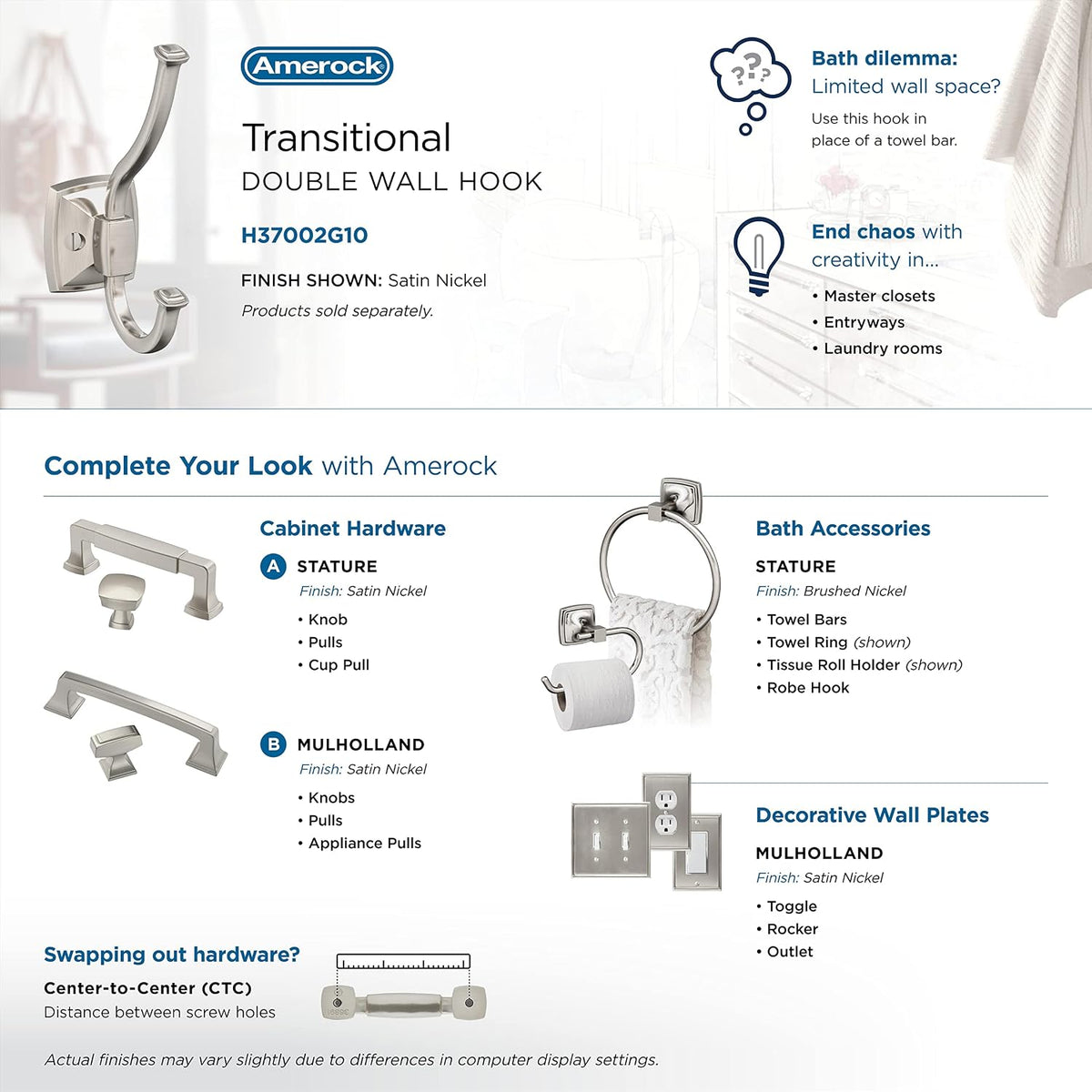 Amerock Kinsale Double Prong Satin Nickel Wall-Mounted Hook