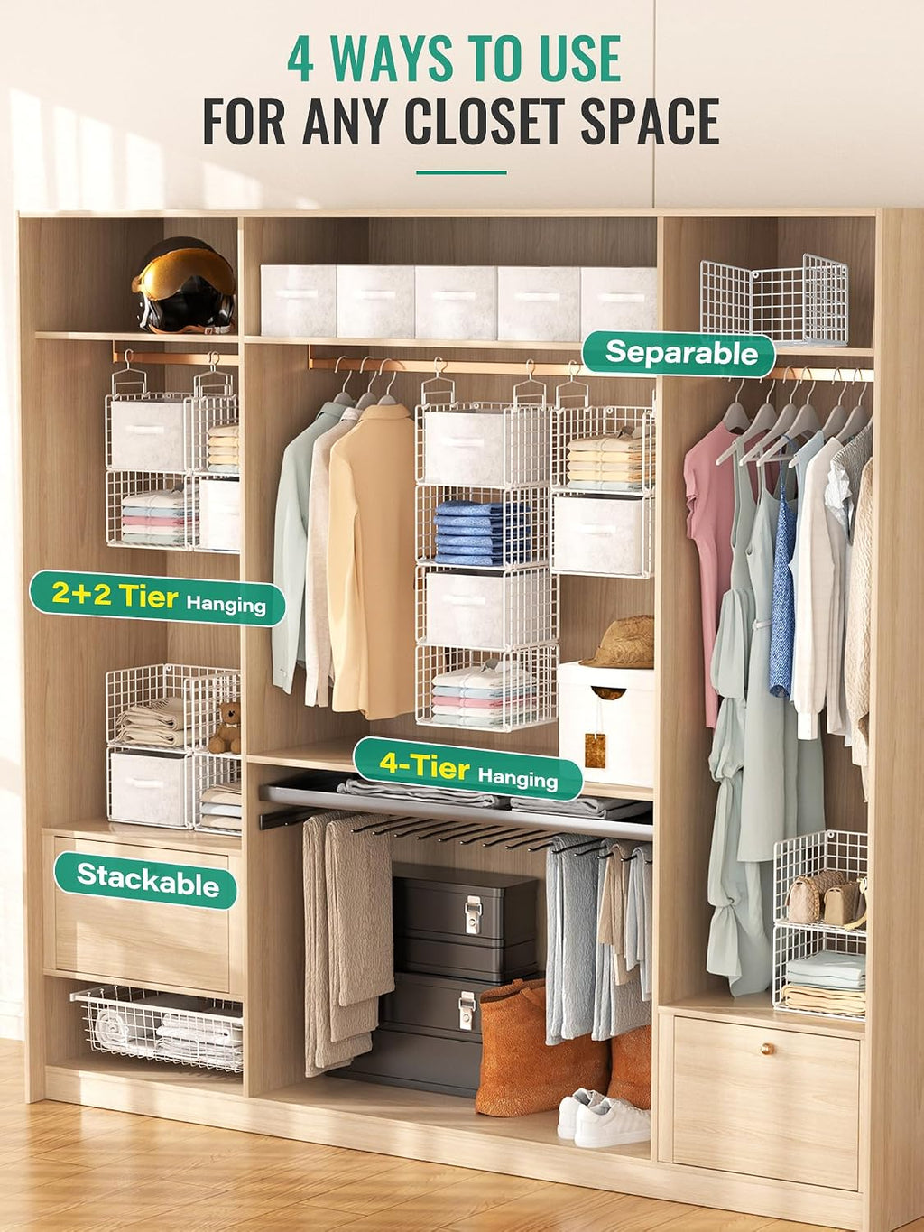 Hanging Closet Organizer with Drawers, 4 Tier Metal Closet Organizers and Storage with 4 Hanging Hooks 4 S-Hooks for Wardrobe Laundry Room, Wire Storage Shelf for Clothes Sweaters Pants (White)