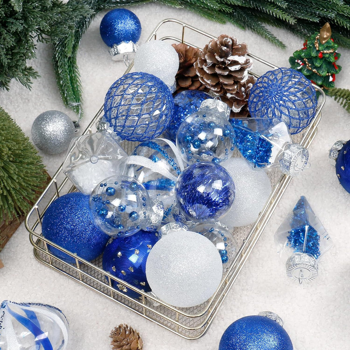 34PCS Blue/White Christmas Ball Ornaments Set for Tree Decorations