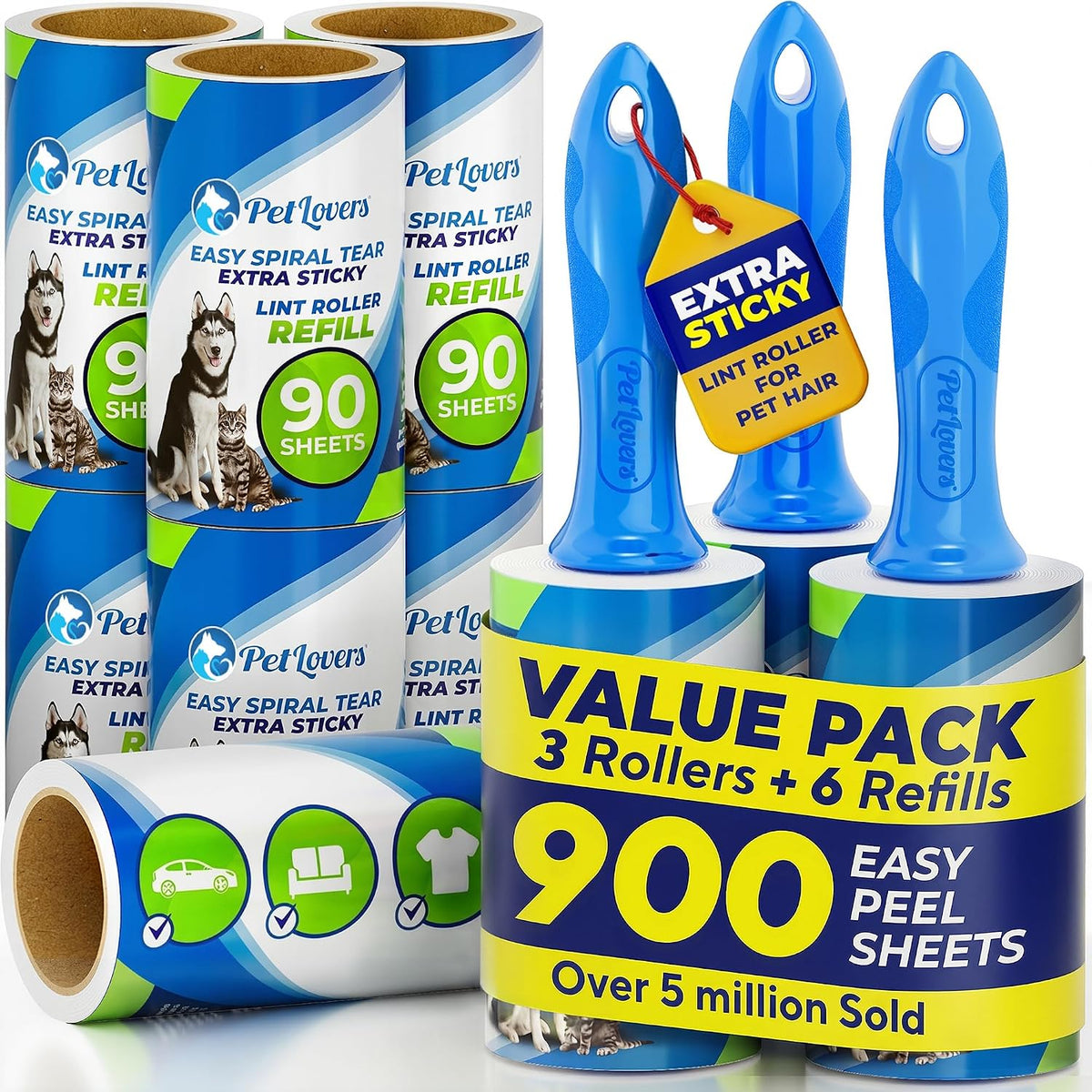 PetLovers Extra Sticky Lint Roller Mega Value Set 900 Sheets for Pet Hair Removal and Clothes, Dog and Cat Lint Remover, 10 Pack