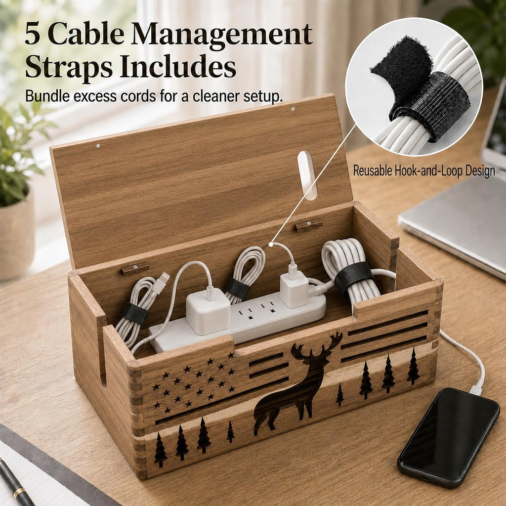 Acacia Wood Cable Management Box,Cord Hider & Organizer for Power Strip