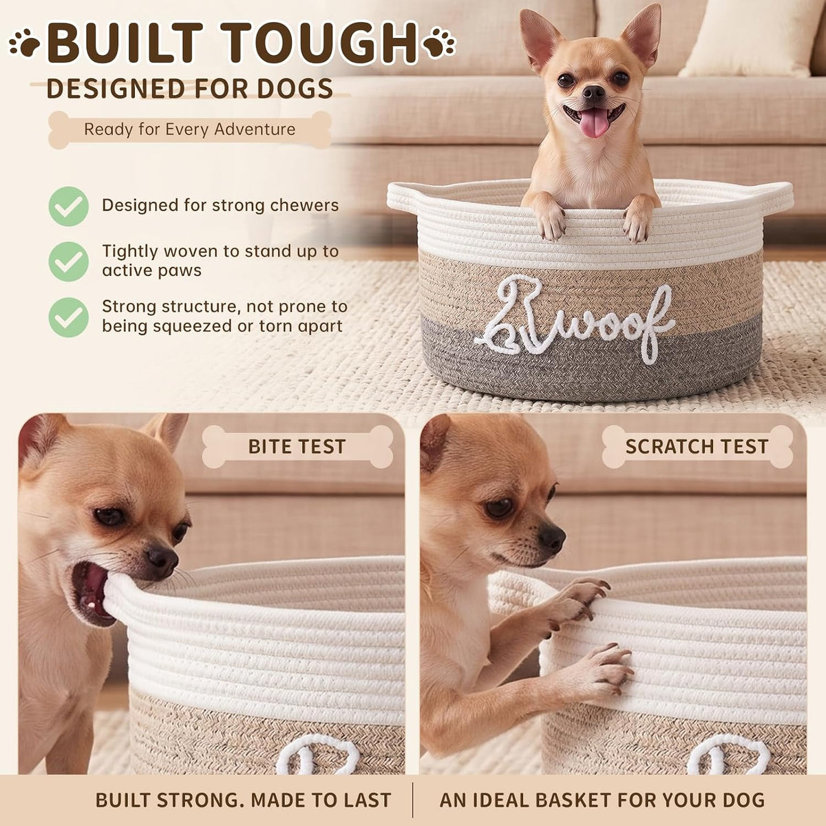 OIAHOMY 22L Large Dog Toy Basket, 16.5"x11.4"x9" Cotton Rope Basket with Cute Woof Embroidery, Soft Woven Pet Toy Box with Handles for Blankets, Leashes & Puppy Accessories, Decorative Organizer Brown