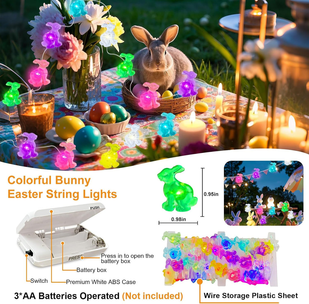 AIKEI Easter Decorative String Lights 2 Pack, 16FT 50LED Colorful Bunny Fairy Lights Battery Operated, Waterproof Rabbit Shaped String Light for Home Indoor Outdoor Spring Easter Party Decoration