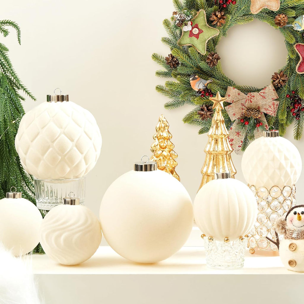 Large Velvet Christmas Ball Ornaments - 6 Inch Flocked Christmas Balls Shatterproof Decorative Hanging Ornaments Set for Xmas Tree Holiday Wedding Party Decor (Cream, 2pcs)