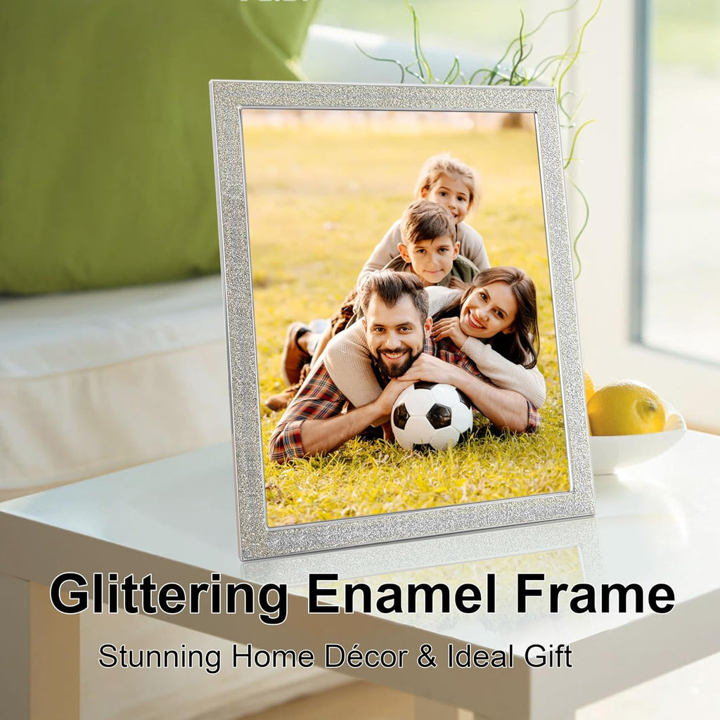 Enamel Picture Frames 8x10, 8 by 10 Silver Glittering Photo Frame with Real Glass & Velvet Back, Sparkling Metal frame for Tabletop or Wall, Amazing Weddings Graduation Gift & Wall Art Decor