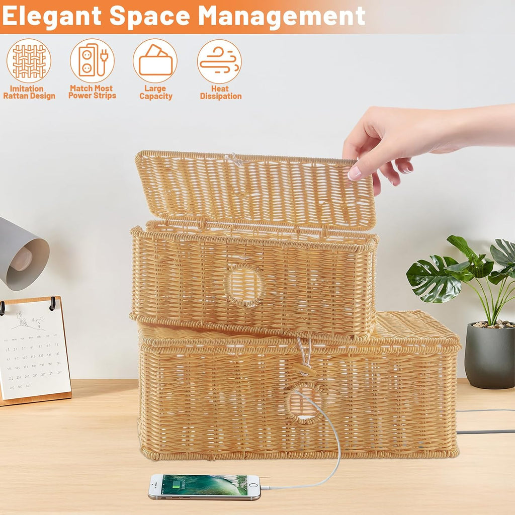 2 Pcs Handmade Cable Management Boxes Rattan Cable Organizer Large & Medium Cord Hider Organizer Boxes Power Strip Boxes Locked Cover with 2 Open Slots for Home and Workplace