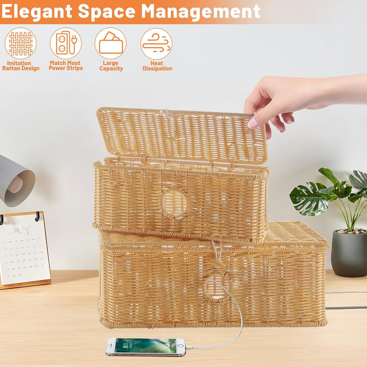 2 Pcs Handmade Cable Management Boxes Rattan Cable Organizer Large & Medium Cord Hider Organizer Boxes Power Strip Boxes Locked Cover with 2 Open Slots for Home and Workplace