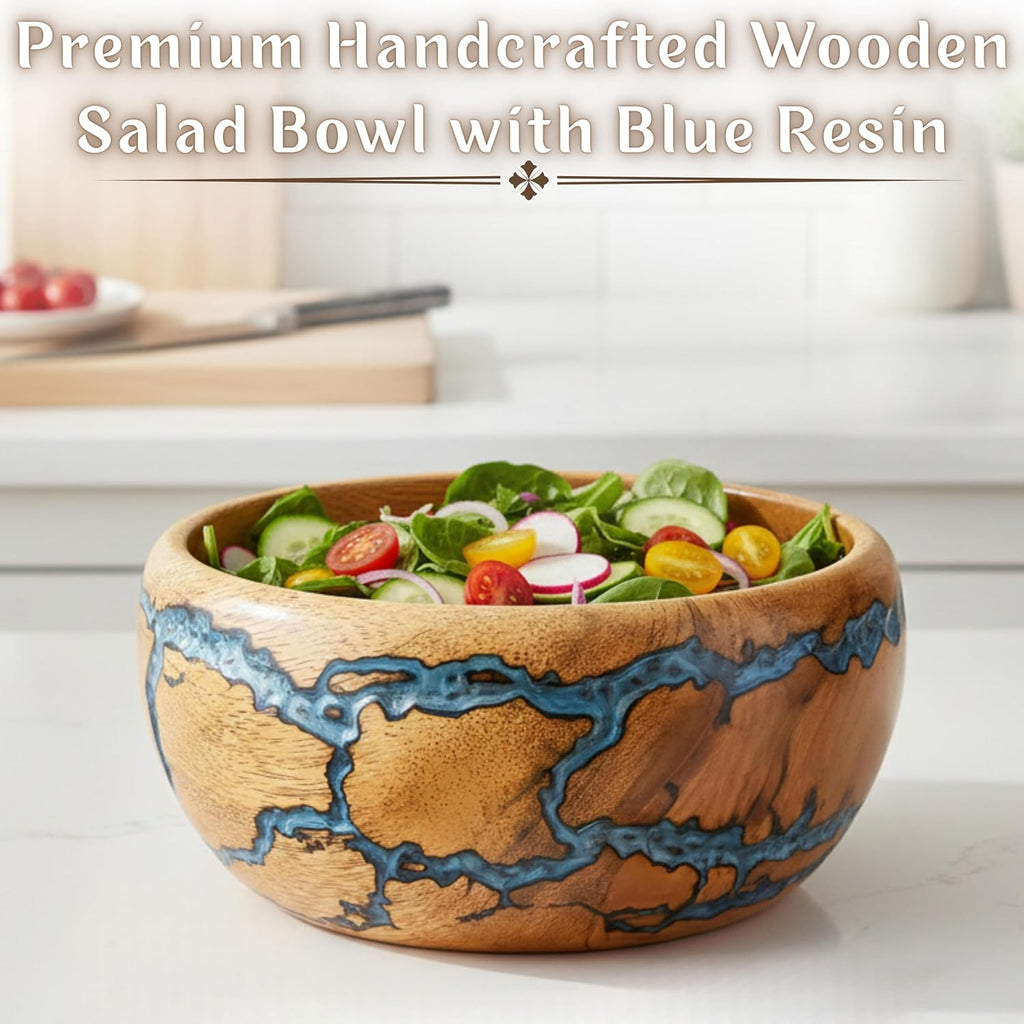 Decorative Wooden Bowl, Handcrafted Blue Resin Serving Bowl for Salad, Fruit & Kitchen Table Décor Bowl (Medium)