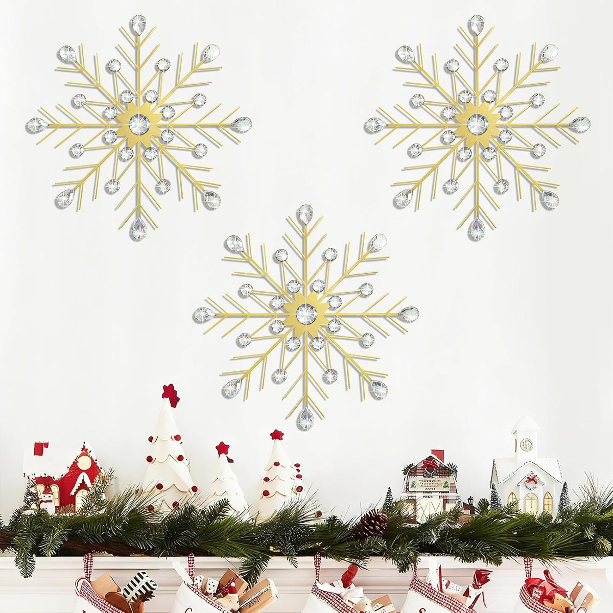 ZEXUIRU 3 Set Snowflake Wall Decor Living Room Bedroom Entryway Metal Bling, Crystal Rhinestone Starburst Sunburst Sparkling Wall Art Decor Silver Metal Christmas Decoration-Gold 13in