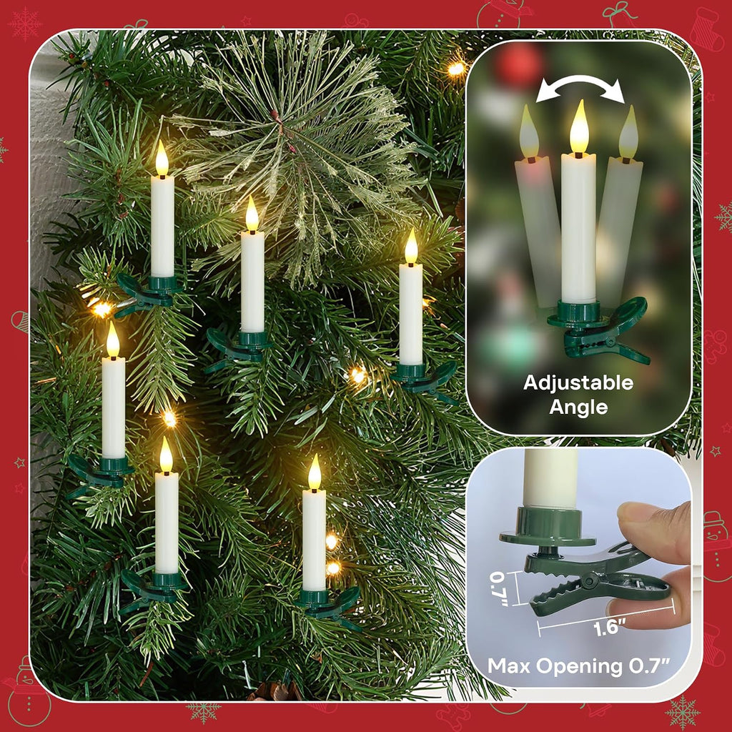 Pack of 12 Flameless Taper Clip on Candles with 12 Clips, Remote and Timer Function LED Flickering Battery Operated Fake Short Ivory 0.6" x3.7" Plastic Warm Light for Festival Tree Decor