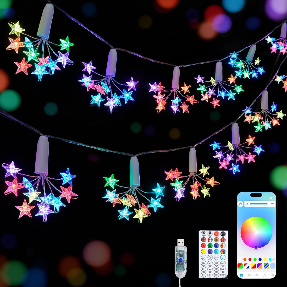 JMEXSUSS 100 LED Star String Lights for Christmas， 7.38 FT, USB, RGB Color Changing String Lights, RGB String Lights, Smart Firework Lights for Indoor Christmas Tree Bedroom Decor