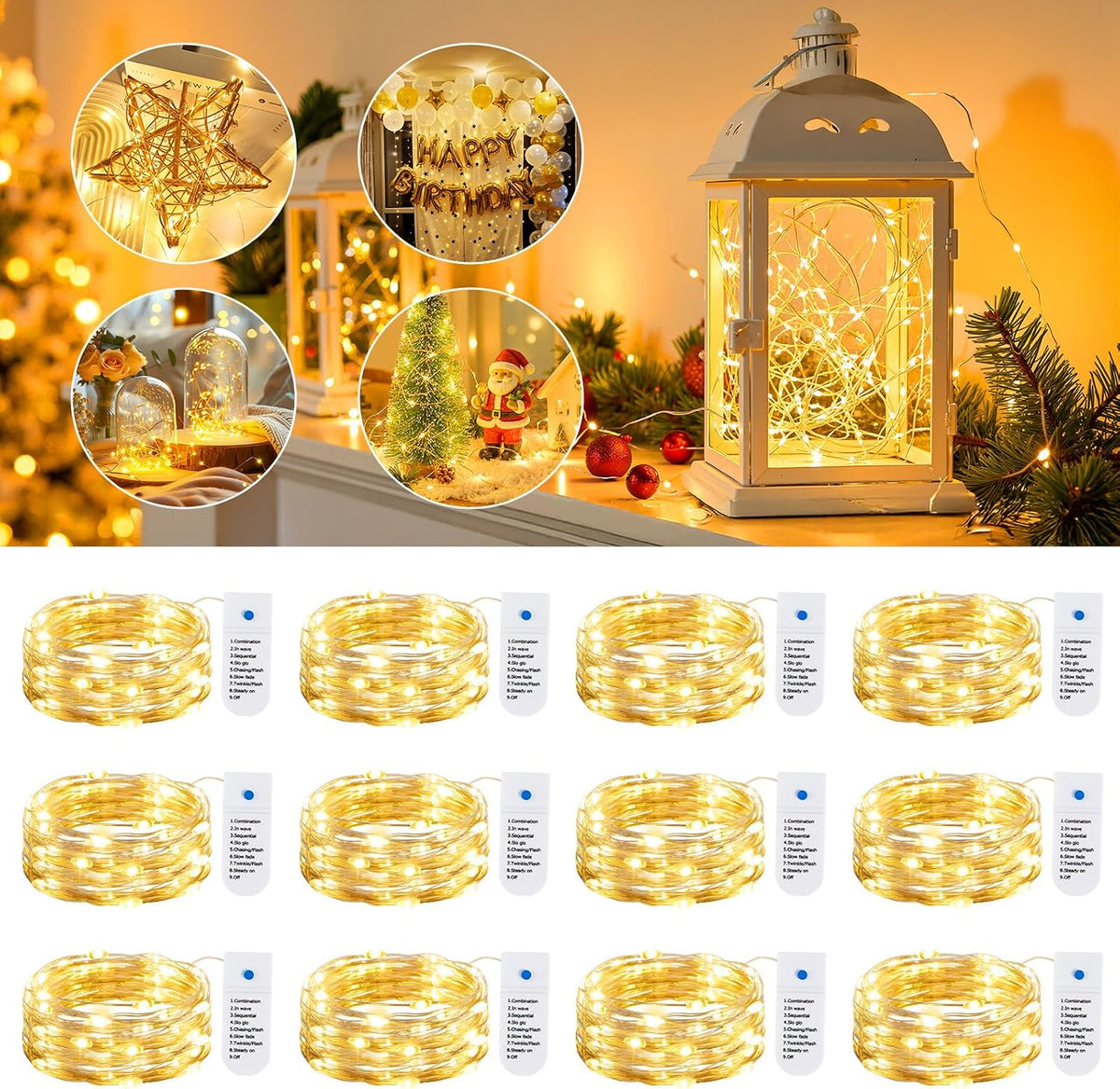 Minetom 12 Pack Warm White Battery Operated Fairy String Lights 8 Modes