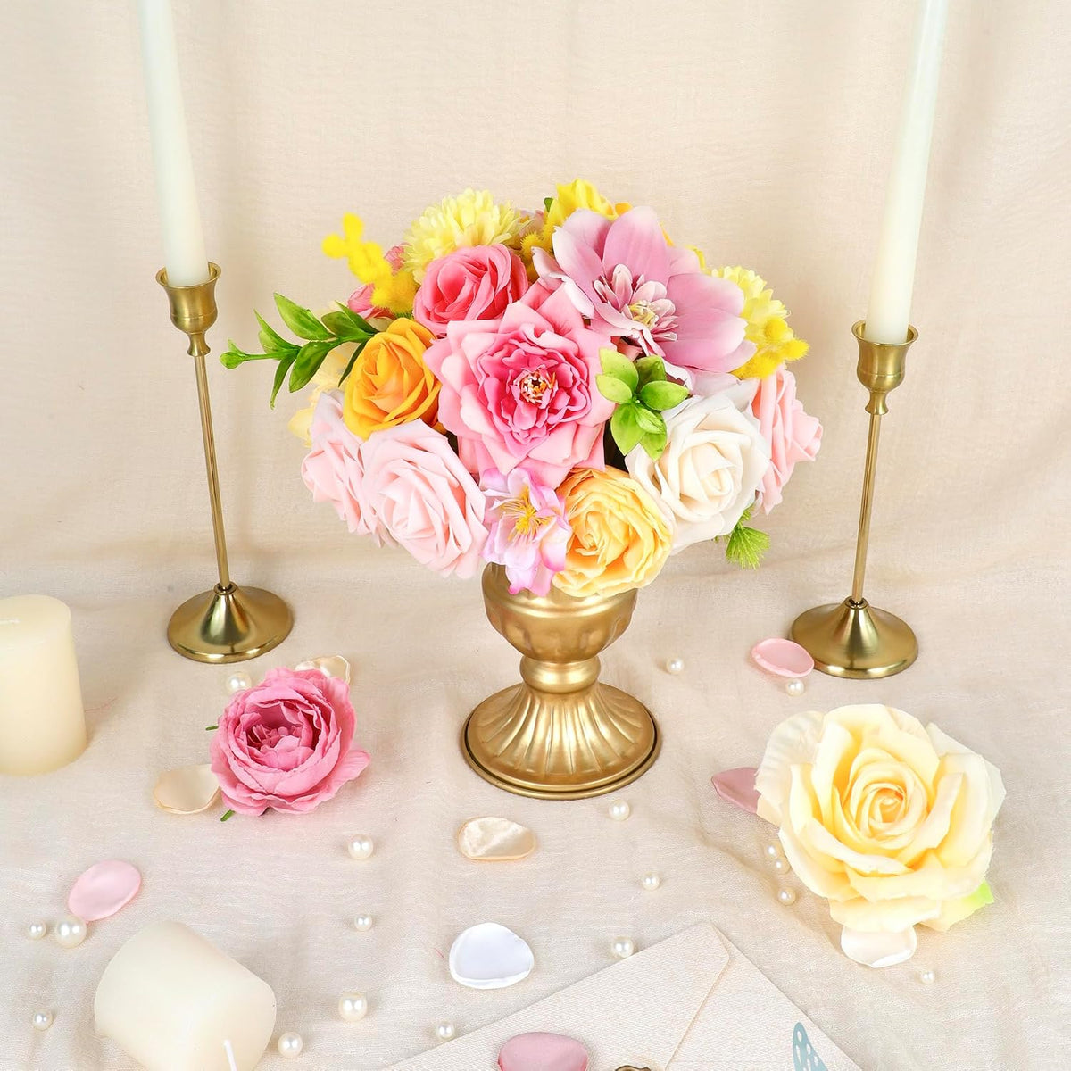 Pink and Yellow Artificial Flowers, Fake Rose Silk Flower for Centerpieces Pastel Flowers for DIY Wedding Bridal Bouquet Baby Shower Birthday Party Home Decorations