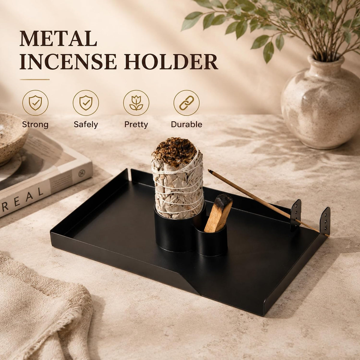 4 in 1 Incense Holder, Sage and Palo Santo Holder with Ash Catch Tray