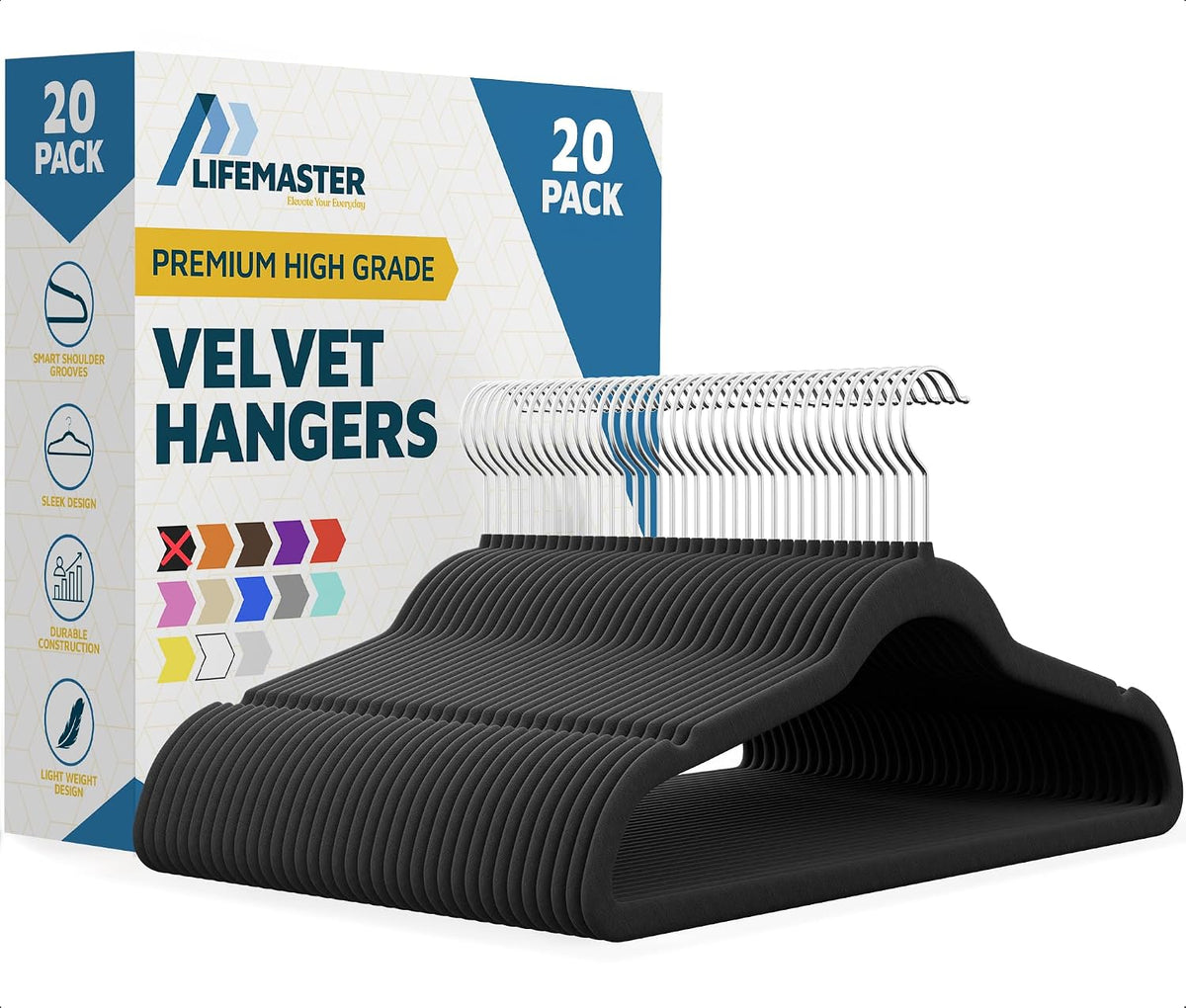 Lifemaster Velvet Non-Slip Plastic Hanger Set - 20 Pieces Non-Slip Clothes Hanger Set with 360° Swivel Hook, Space-Saving, Sleek Design, Smooth Velvet Finish, Lightweight Construction - Black