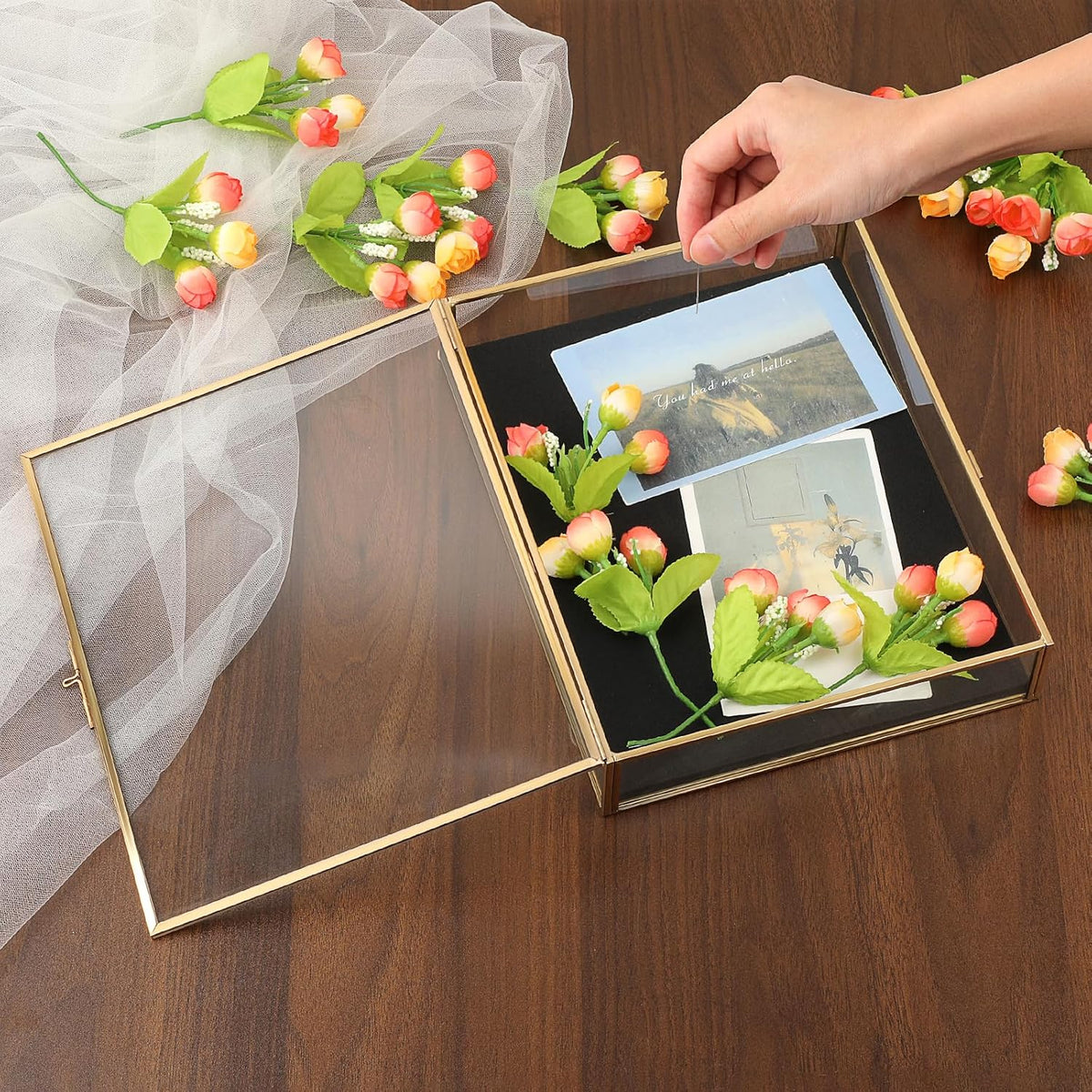 ELLDOO Shadow Box Frame 8x10inch - Glass Display Case with Black Foam Backplane and Pins for Tabletop and Wall Display, Gold Metal Keepsakes Memory Box for Wedding Bouquet Memorabilia Medals Photos