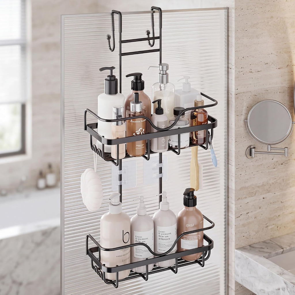 Skyapex Over the Door Shower Caddy Hanging: Black Rustproof Bathroom Organizer Over Glass with Hooks