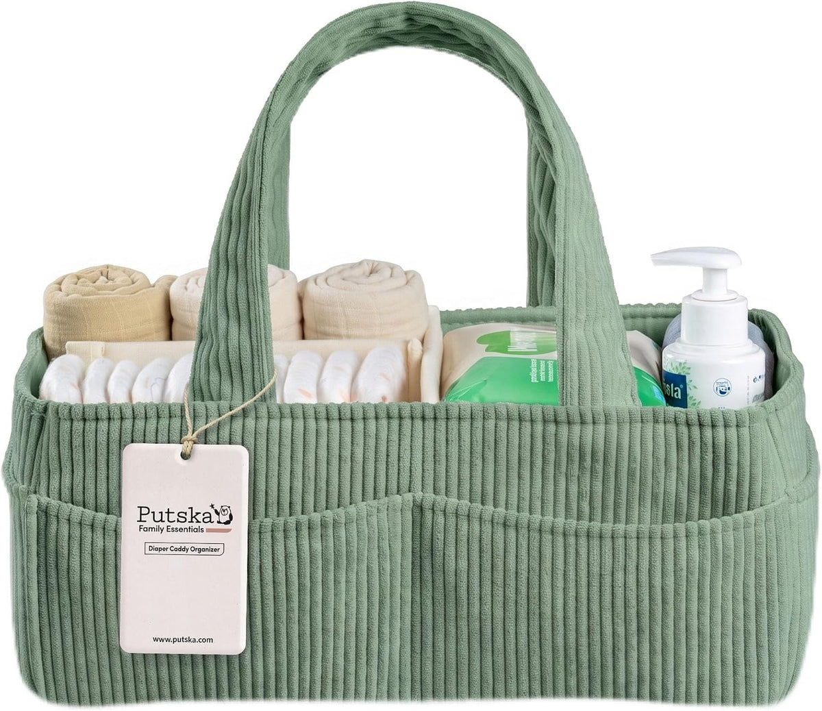 PUTSKA Baby Diaper Caddy Organizer, Nursery Basket, Sage Green Corduroy