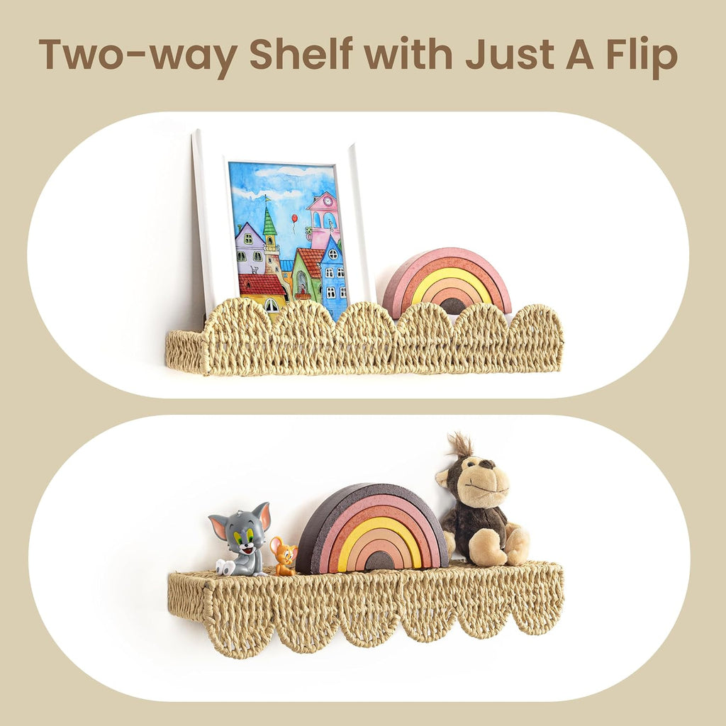 AELS Scalloped Nursery Bookshelf, Set of 4, Picture Ledge Shelf for Wall Decor, Woven Straw Paper Floating Shelves for Books, Toys, Photo Frames, Nursery, Boho Modern Farmhouse Book Shelf, Beige