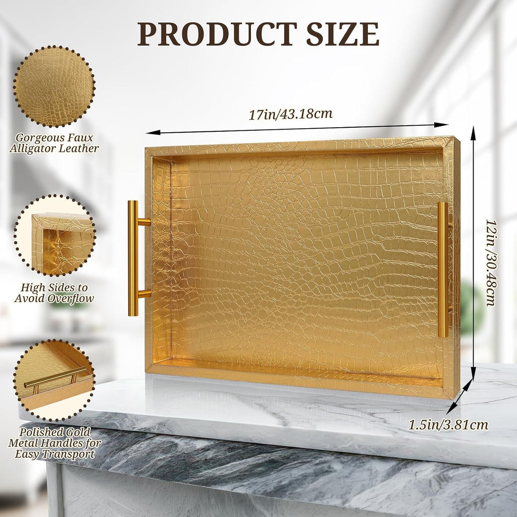 SXNOWS Faux Leather Serving Tray with Gold Handles, Glossy Gold